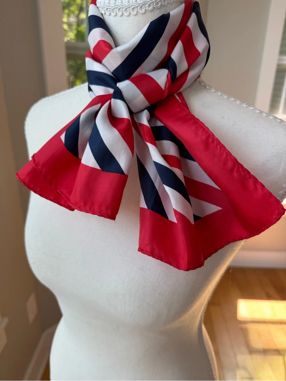 Vintage Red, Navy & White Striped Silk-Feel Rectangular Neck Scarf